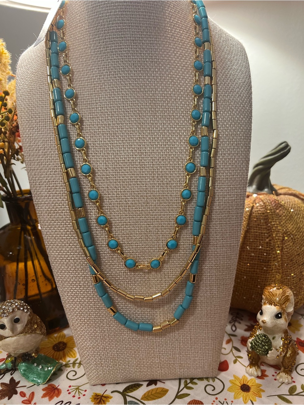 Talbots Turquoise and Gold Layered Beaded Necklace